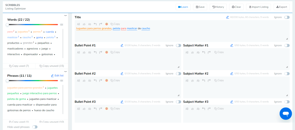 Crea listados de palabras claves con Scribbles de Helium 10